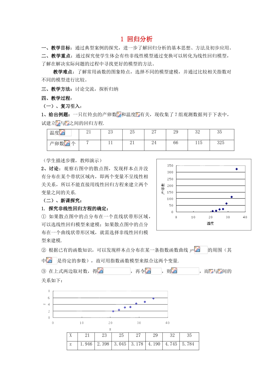 高中数学 第三章 统计案例 1 回归分析 可线性化的回归分析教案 北师大版选修2-3-北师大版高二选修2-3数学教案_第1页