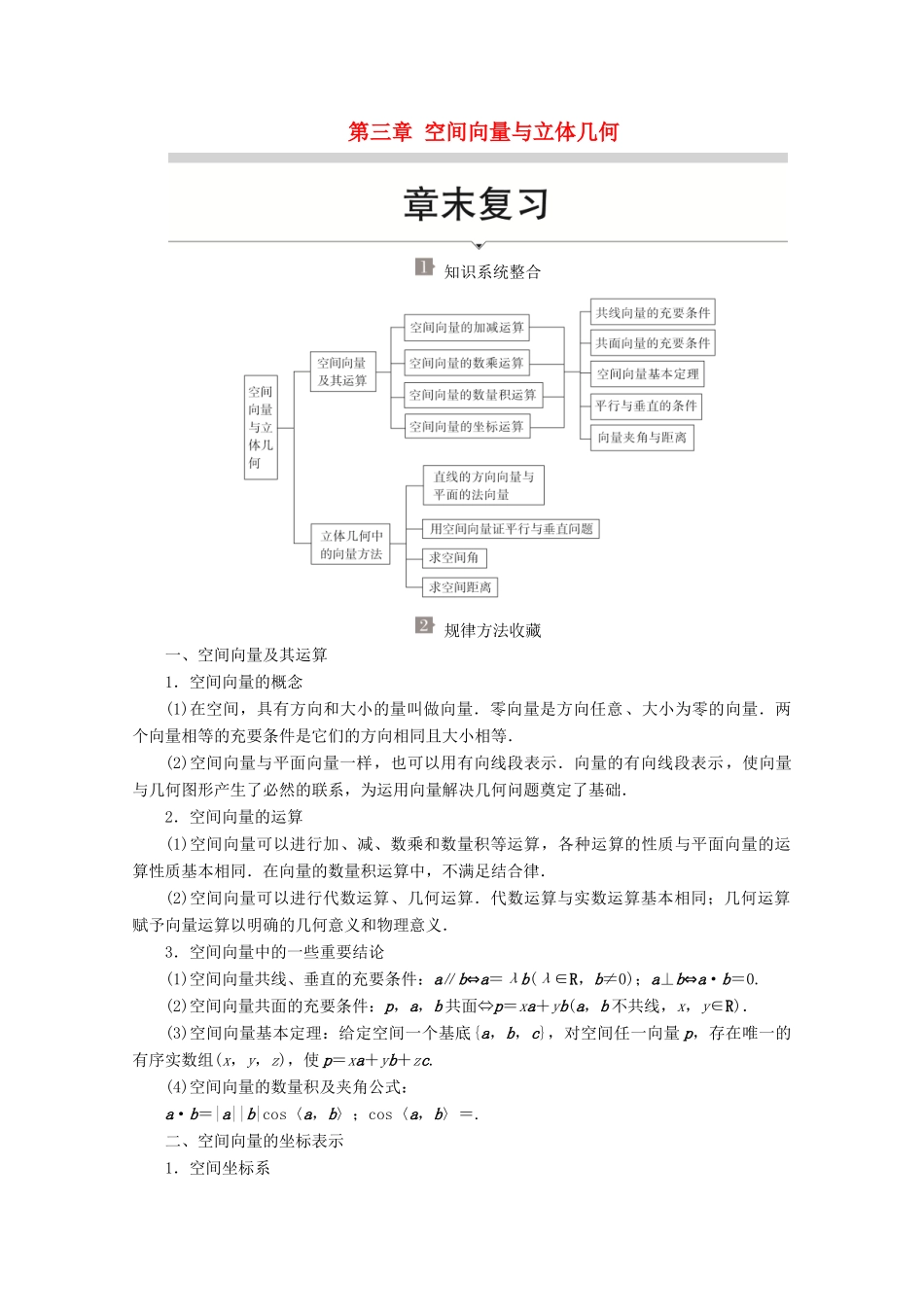 高中数学 第三章 空间向量与立体几何章末复习讲义 新人教A版选修2-1-新人教A版高二选修2-1数学教案_第1页