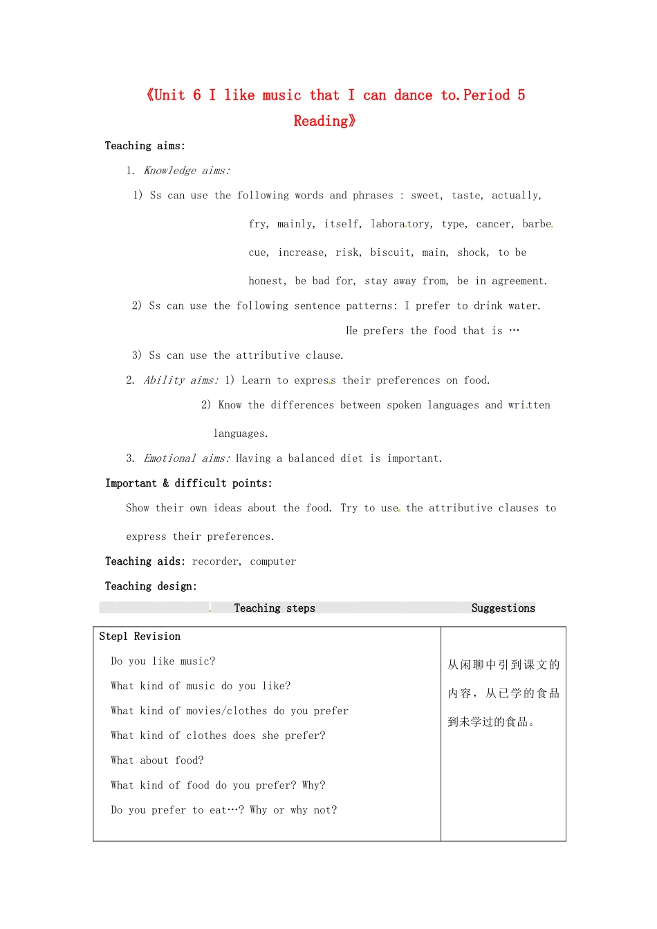 江苏省海门市正余初级中学九年级英语全册《Unit 6 I like music that I can dance to.Period 5 Reading》教案 人教新目标版_第1页