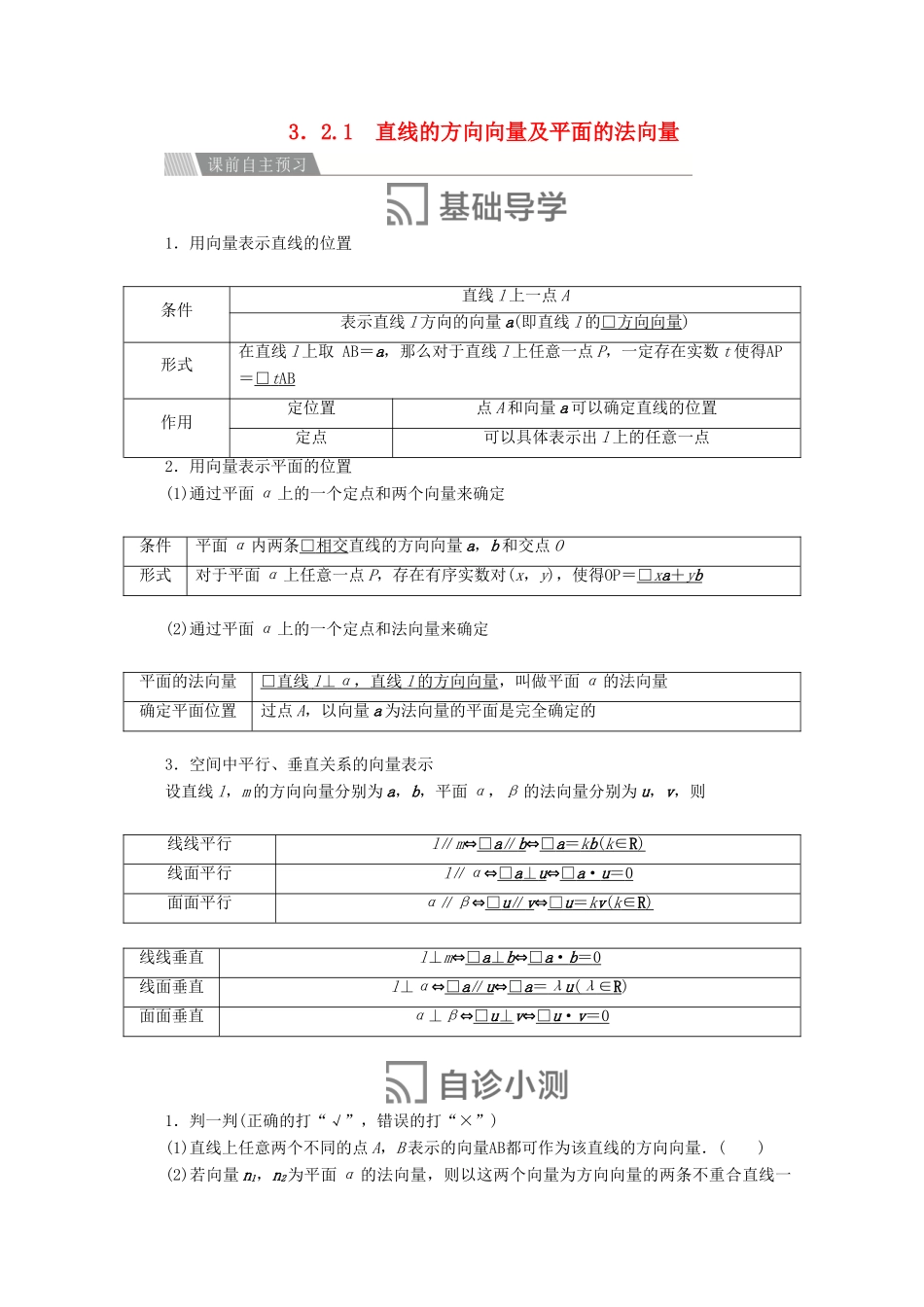 高中数学 第三章 空间向量与立体几何 3.2 立体几何中的向量方法 3.2.1 直线的方向向量及平面的法向量讲义 新人教A版选修2-1-新人教A版高二选修2-1数学教案_第1页