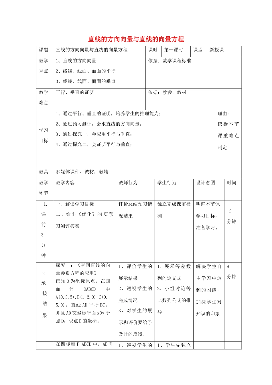 高中数学 第三章 空间向量与立体几何 3.2 直线的方向向量与直线的向量方程教案 新人教B版选修2-1-新人教B版高二选修2-1数学教案_第1页