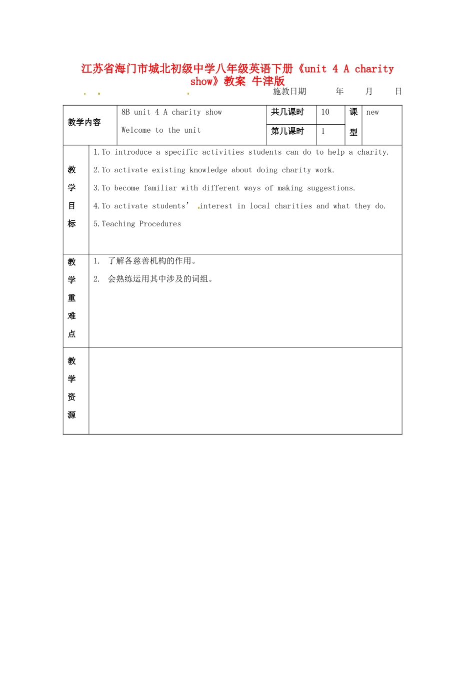 江苏省海门市城北初级中学八年级英语下册《unit 4 A charity show》教案 牛津版_第1页