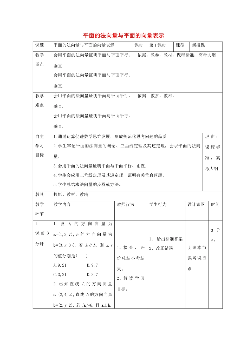 高中数学 第三章 空间向量与立体几何 3.2 平面的法向量与平面的向量表示习题课教案 新人教B版选修2-1-新人教B版高二选修2-1数学教案_第1页