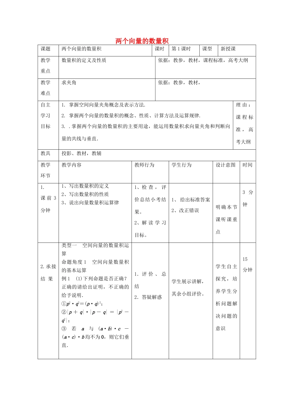 高中数学 第三章 空间向量与立体几何 3.1.3 向量的数量积教案 新人教B版选修2-1-新人教B版高二选修2-1数学教案_第1页