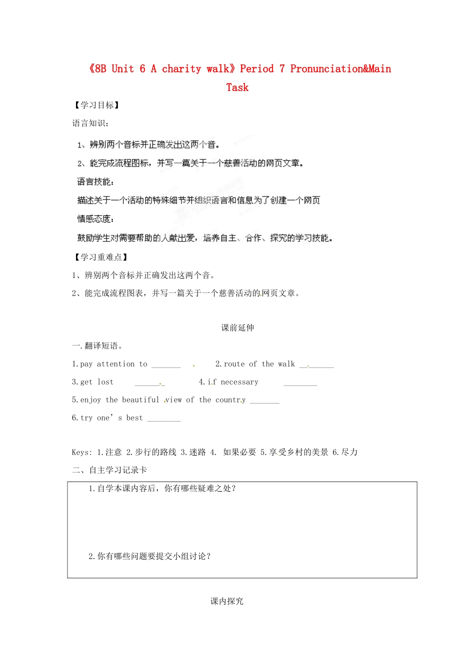 江苏省海安县大公初级中学八年级英语下册《8B Unit 6 A charity walk》Period 7 Pronunciation&Main Task学案（无答案） 牛津版_第1页