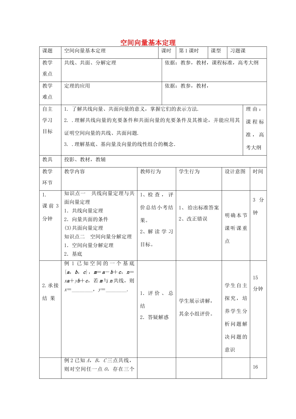 高中数学 第三章 空间向量与立体几何 3.1 空间向量基本定理教案 新人教B版选修2-1-新人教B版高二选修2-1数学教案_第1页