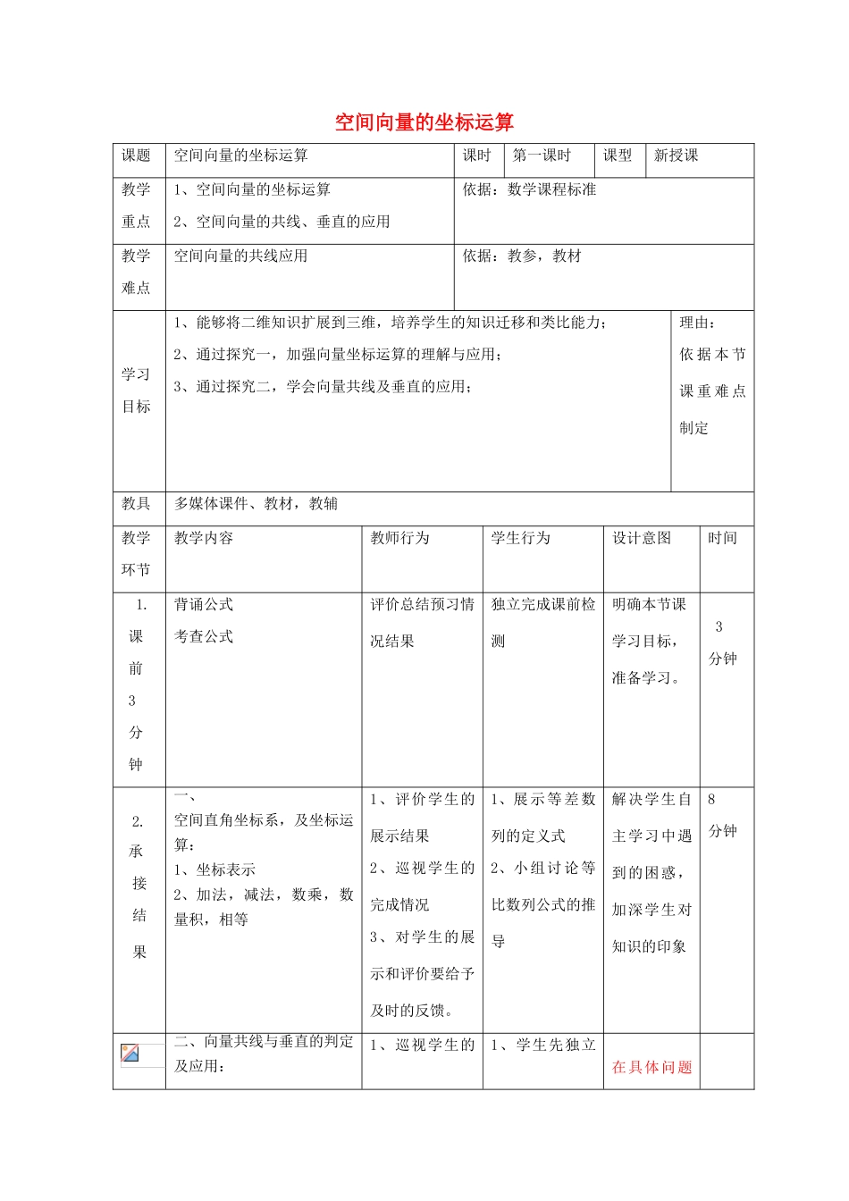高中数学 第三章 空间向量与立体几何 3.1 空间向量坐标运算教案 新人教B版选修2-1-新人教B版高二选修2-1数学教案_第1页