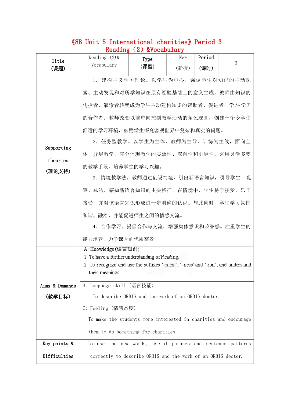 江苏省海安县大公初级中学八年级英语下册《8B Unit 5 International charities》Period 3 Reading（2）&Vocabulary教案 牛津版_第1页
