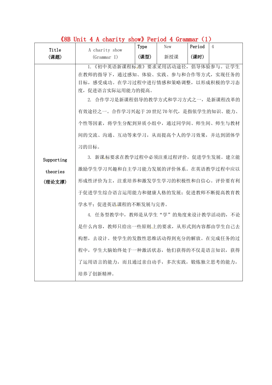 江苏省海安县大公初级中学八年级英语下册《8B Unit 4 A charity show》Period 4 Grammar（1）教案 牛津版_第1页
