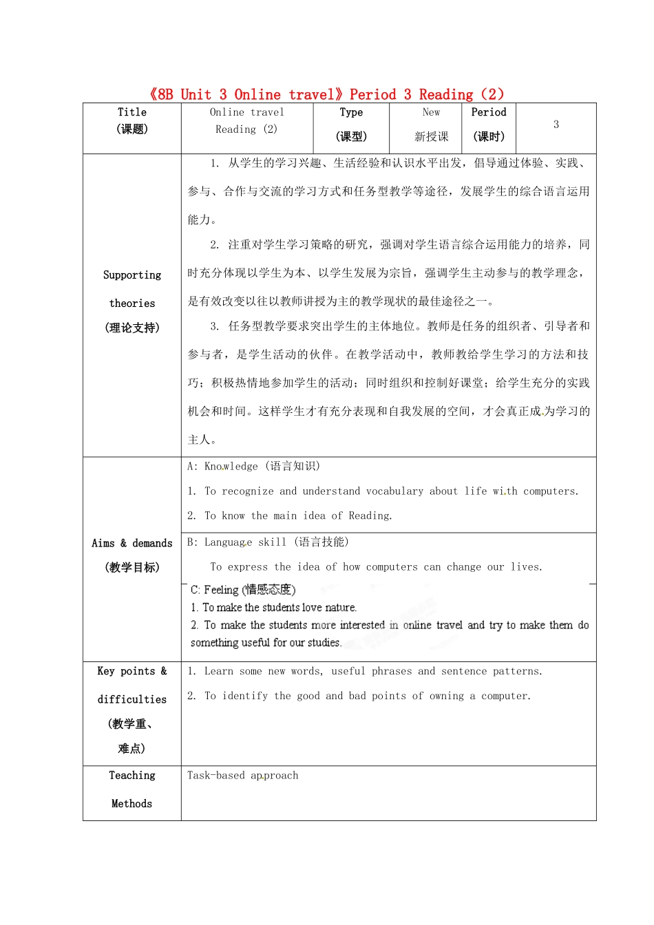 江苏省海安县大公初级中学八年级英语下册《8B Unit 3 Online travel》Period 3 Reading（2）教案 牛津版_第1页