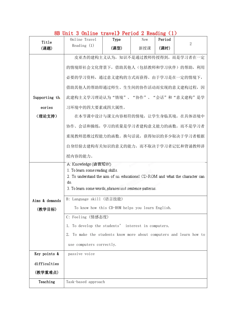 江苏省海安县大公初级中学八年级英语下册《8B Unit 3 Online travel》Period 2 Reading（1）教案 牛津版_第1页