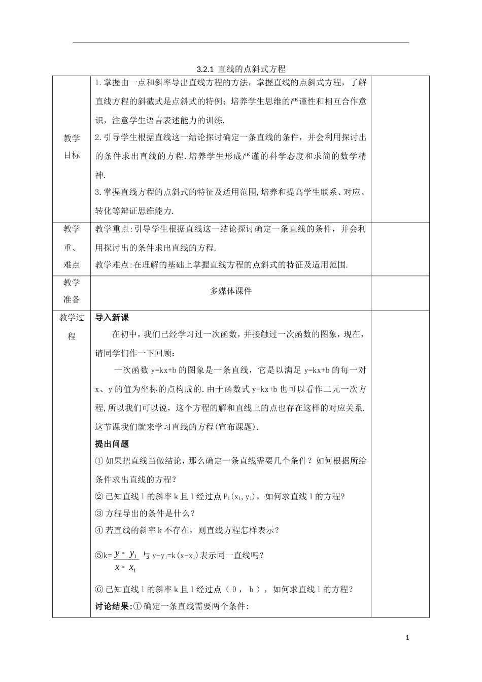 高中数学 第三章 直线与方程 3.2.1 直线的点斜式方程教案 新人教A版必修2-新人教A版高一必修2数学教案_第1页