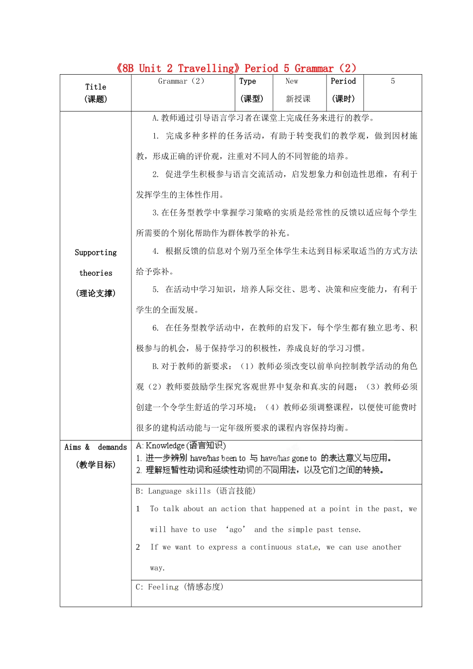 江苏省海安县大公初级中学八年级英语下册《8B Unit 2 Travelling》Period 5 Grammar（2）教案 牛津版_第1页