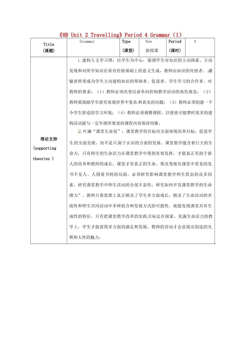 江苏省海安县大公初级中学八年级英语下册《8B Unit 2 Travelling》Period 4 Grammar（1）教案 牛津版_第1页