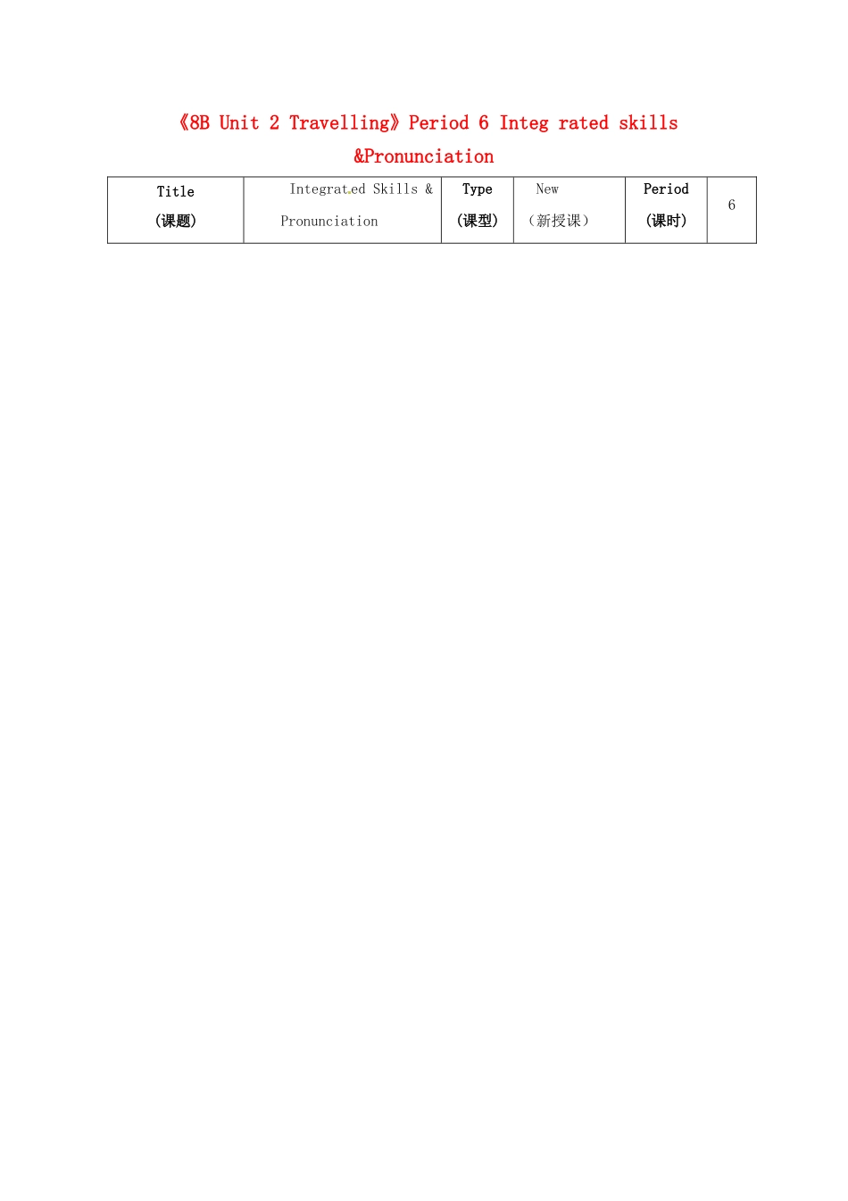 江苏省海安县大公初级中学八年级英语下册《8B Unit 2 Travelling》Period 6 Integ rated skills &Pronunciation教案 牛津版_第1页