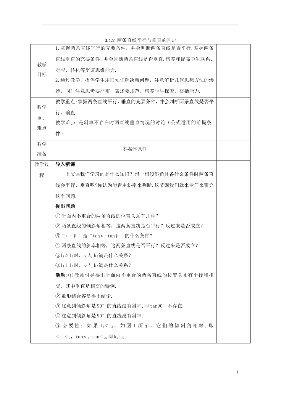 高中数学 第三章 直线与方程 3.1.2 两条直线平行与垂直的判定教案 新人教A版必修2-新人教A版高一必修2数学教案_第1页