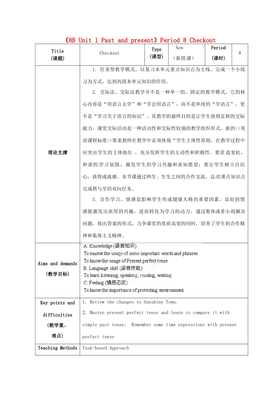 江苏省海安县大公初级中学八年级英语下册《8B Unit 1 Past and present》Period 8 Checkout教案 牛津版_第1页