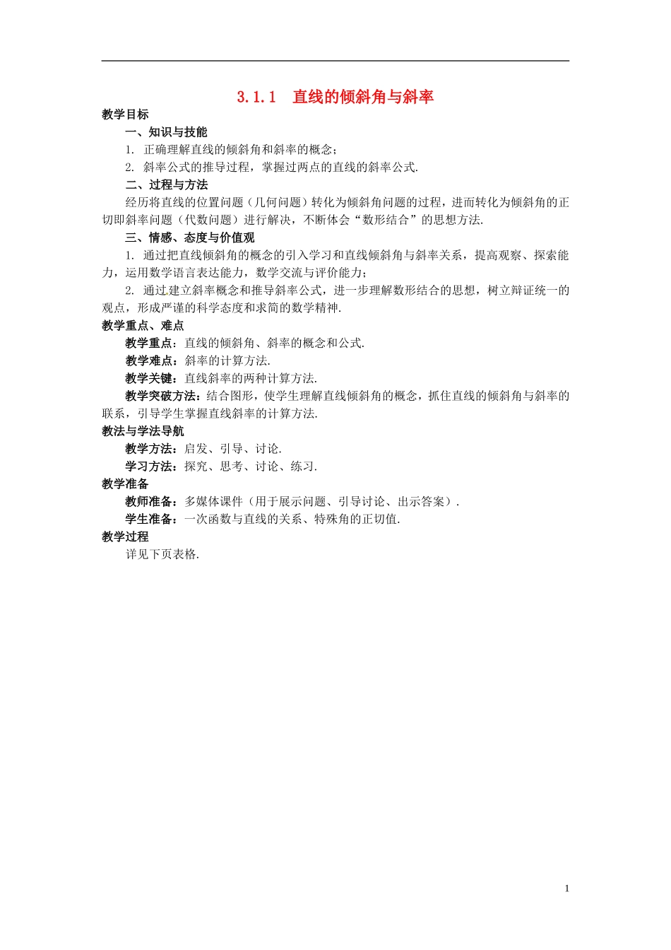 高中数学 第三章 直线与方程 3.1.1 倾斜角与斜率教学设计 新人教A版必修2-新人教A版高一必修2数学教案_第1页