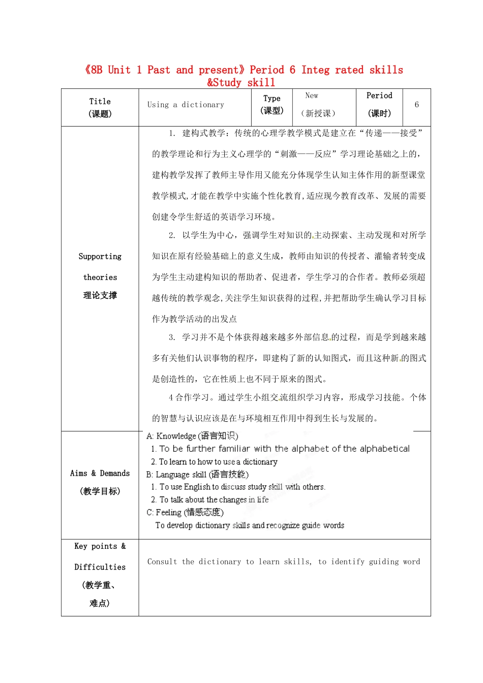 江苏省海安县大公初级中学八年级英语下册《8B Unit 1 Past and present》Period 6 Integ rated skills &Study skill教案 牛津版_第1页