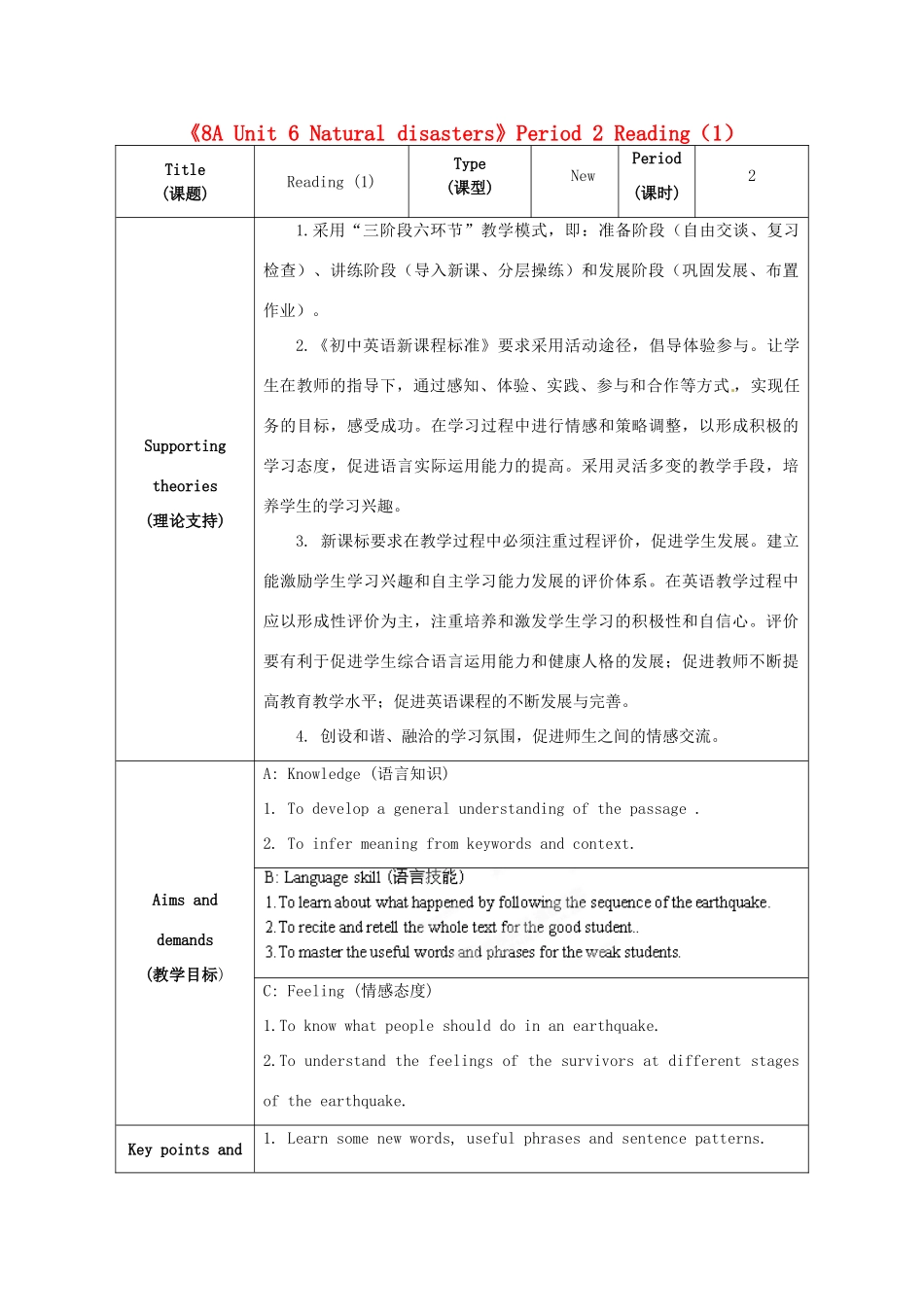 江苏省海安县大公初级中学八年级英语上册《8A Unit 6 Natural disasters》Period 2 Reading（1）教案 牛津版_第1页