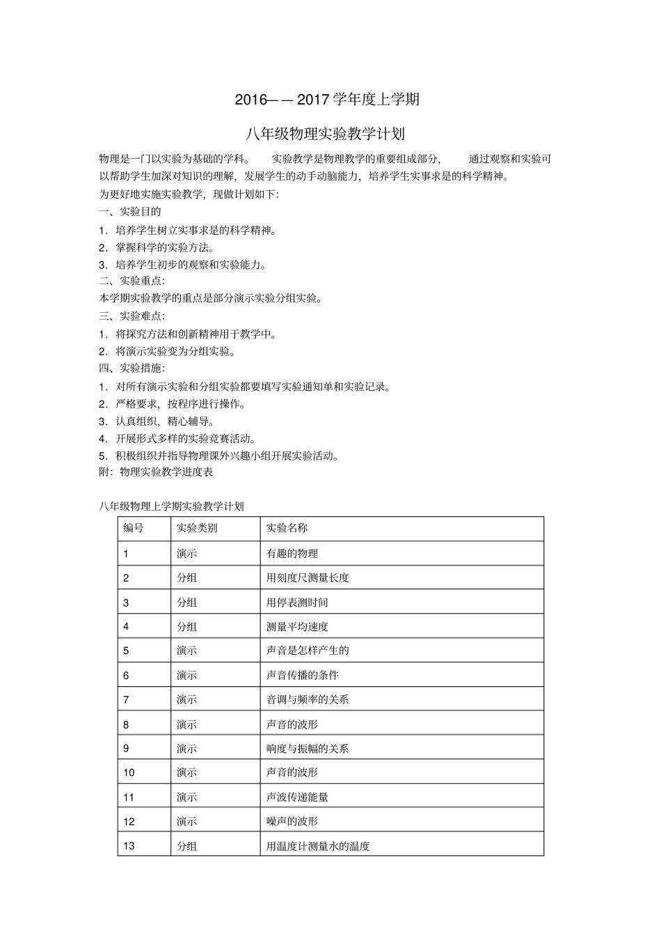 2012017学年新人教八年级物理试验教学计划_第1页