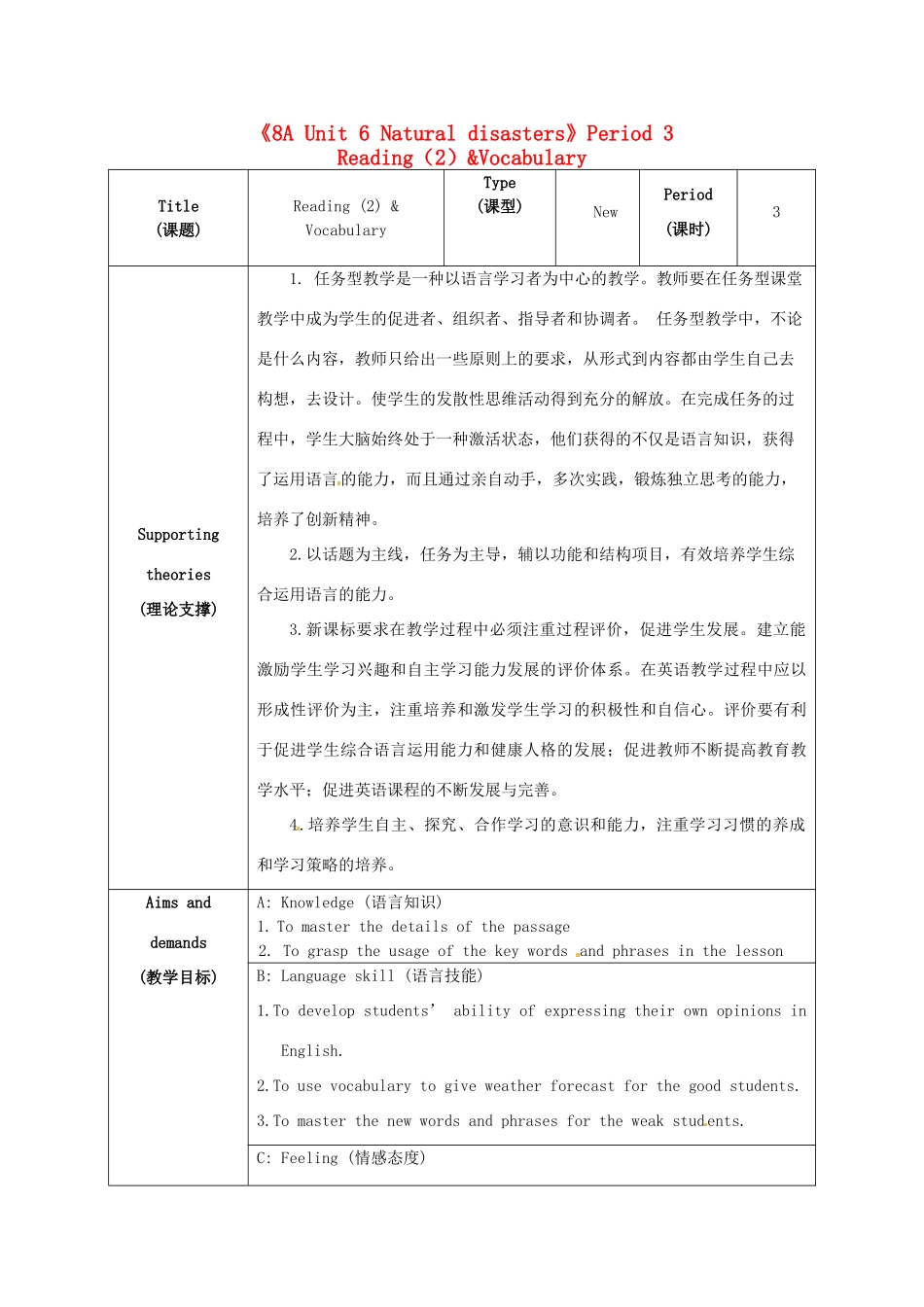 江苏省海安县大公初级中学八年级英语上册《8A Unit 6 Natural disasters》Period 3 Reading（2）&Vocabulary教案 牛津版_第1页