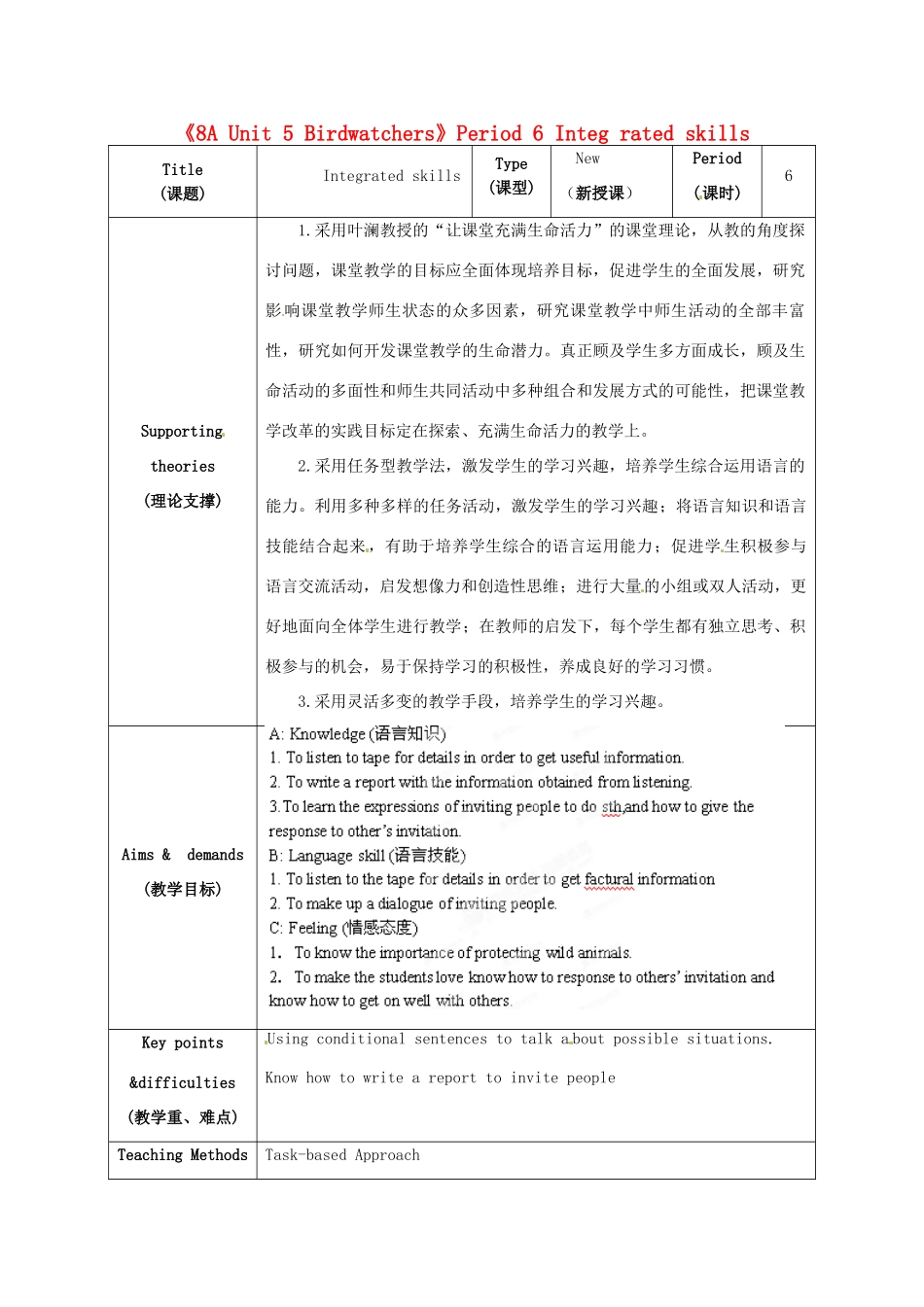 江苏省海安县大公初级中学八年级英语上册《8A Unit 5 Birdwatchers》Period 6 Integ rated skills教案 牛津版_第1页