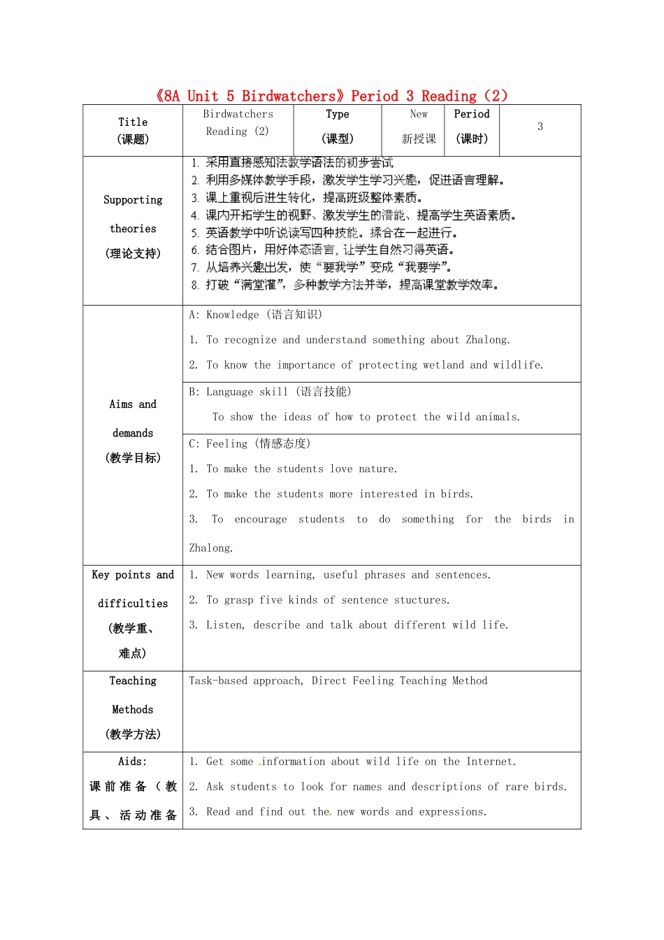 江苏省海安县大公初级中学八年级英语上册《8A Unit 5 Birdwatchers》Period 3 Reading（2）教案 牛津版_第1页