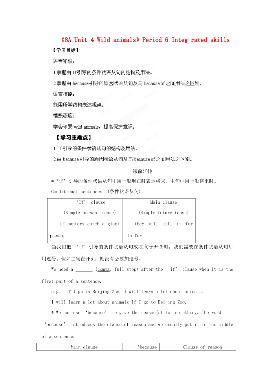 江苏省海安县大公初级中学八年级英语上册《8A Unit 4 Wild animals》Period 6 Integ rated skills学案（无答案） 牛津版_第1页