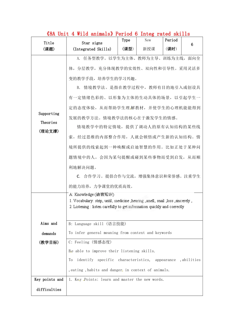 江苏省海安县大公初级中学八年级英语上册《8A Unit 4 Wild animals》Period 6 Integ rated skills教案 牛津版_第1页