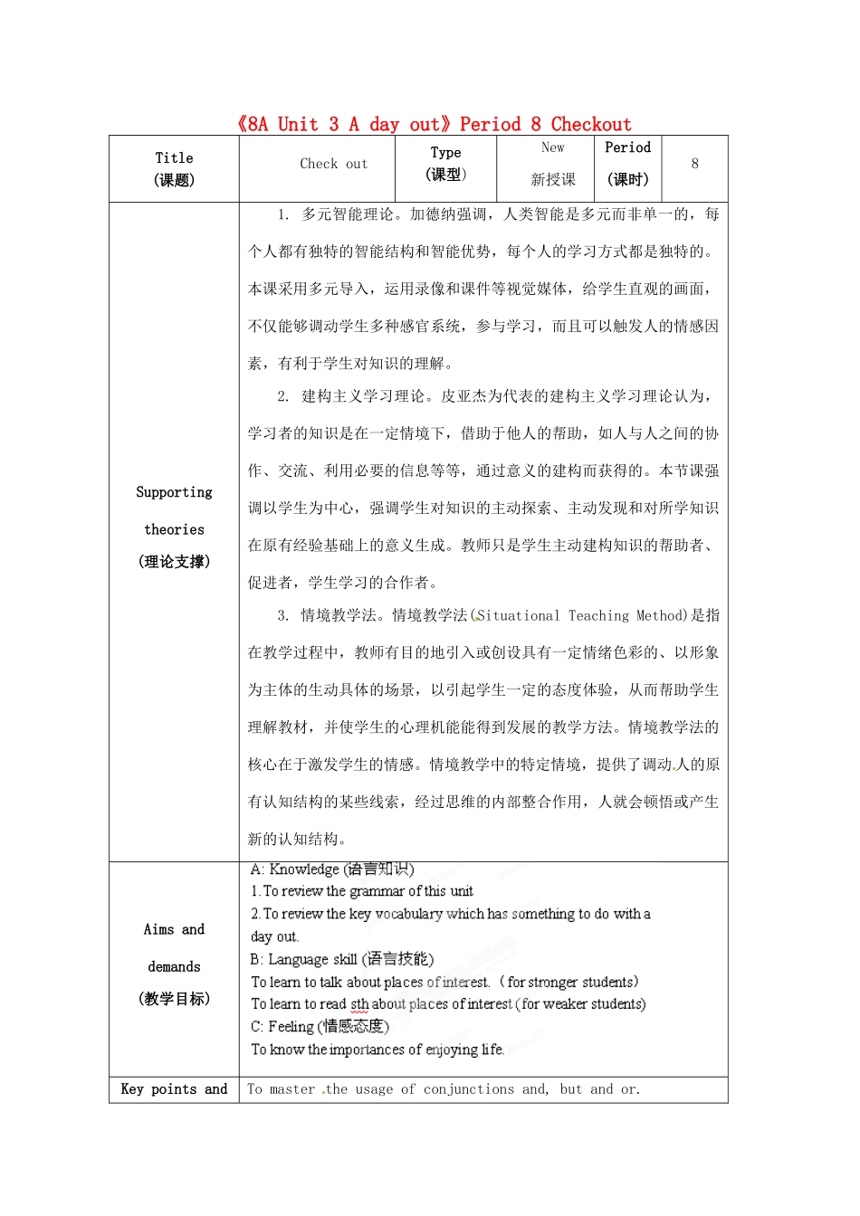 江苏省海安县大公初级中学八年级英语上册《8A Unit 3 A day out》Period 8 Checkout教案 牛津版_第1页
