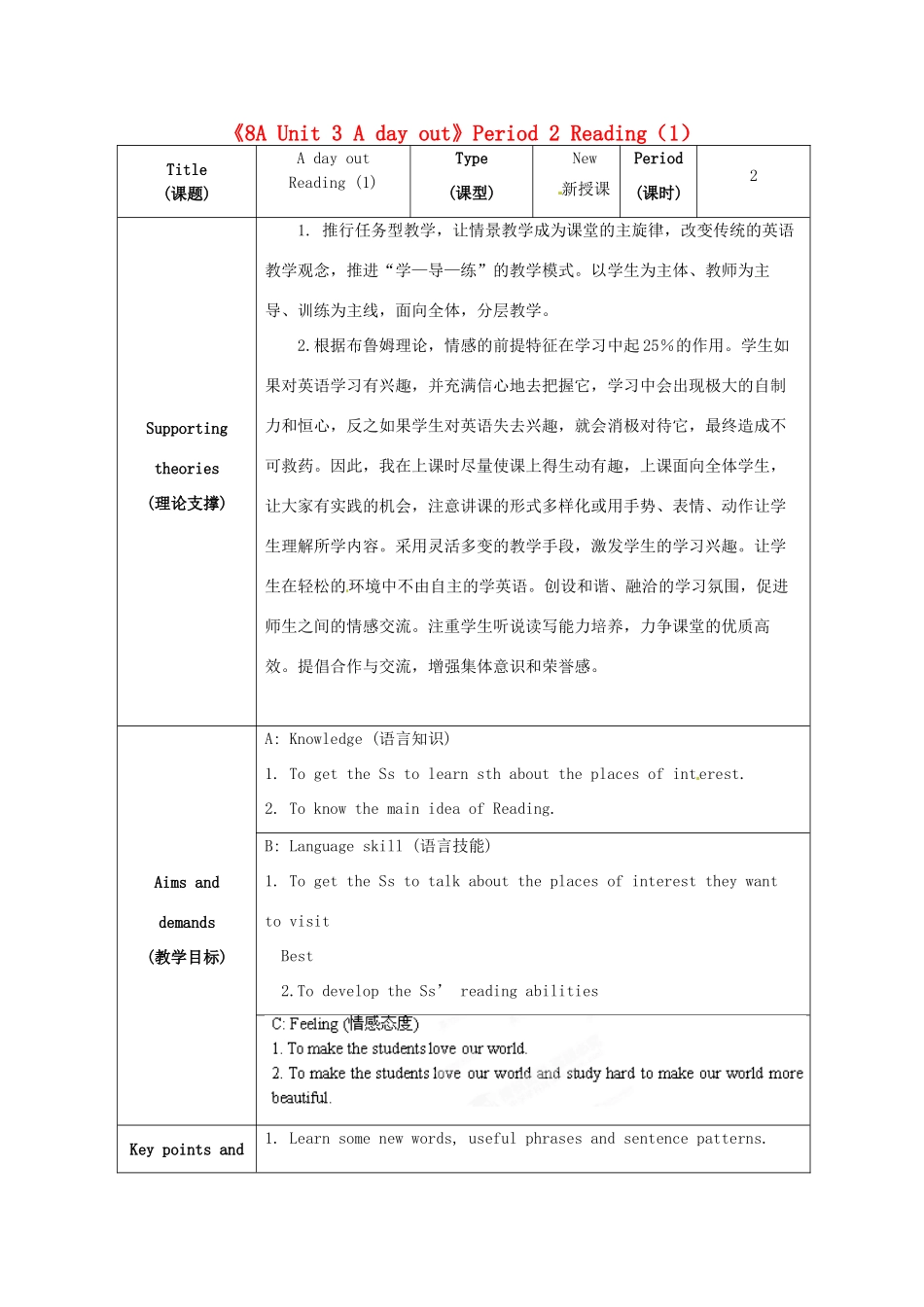 江苏省海安县大公初级中学八年级英语上册《8A Unit 3 A day out》Period 2 Reading（1）教案 牛津版_第1页