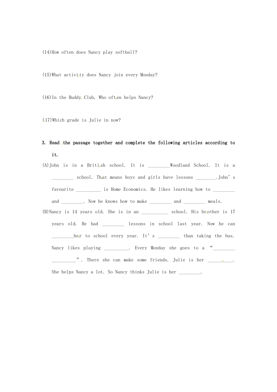 江苏省海安县大公初级中学八年级英语上册《8A Unit 2 School life》Period 2 Reading（1）学案（无答案） 牛津版_第3页