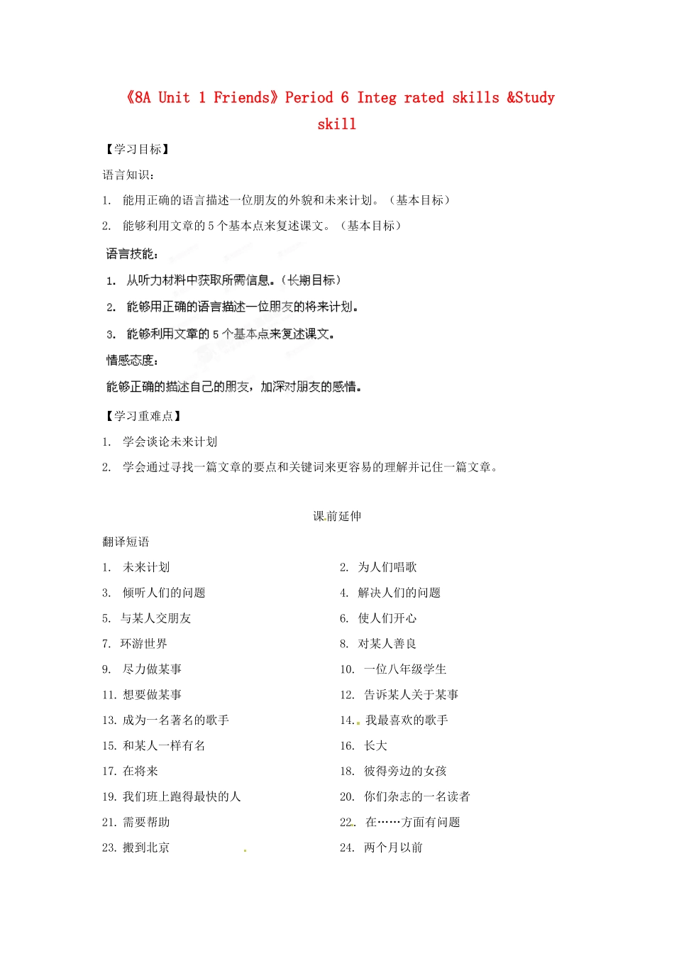 江苏省海安县大公初级中学八年级英语上册《8A Unit 1 Friends》Period 6 Integ rated skills &Study skill学案（无答案） 牛津版_第1页
