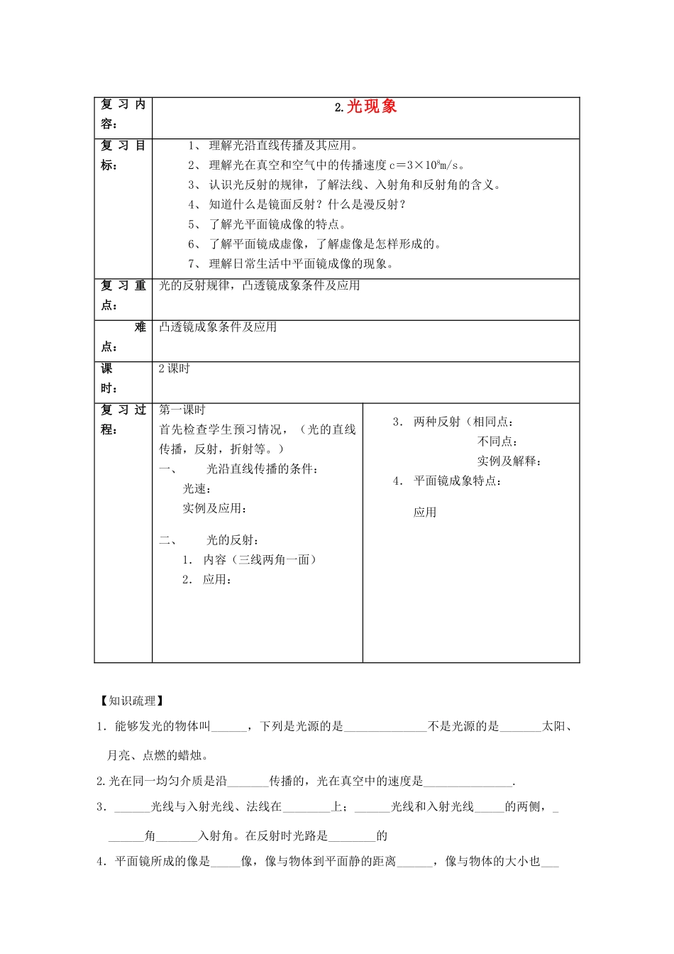江苏省洪泽外国语中学八年级物理上册 光现象复习教案 苏科版_第1页