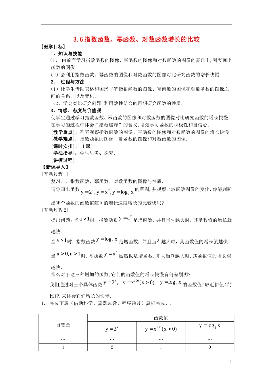 高中数学 第三章 指数函数和对数函数 3.6 指数函数、幂函数、对数函数增长的比较教案3 北师大版必修1-北师大版高一必修1数学教案_第1页