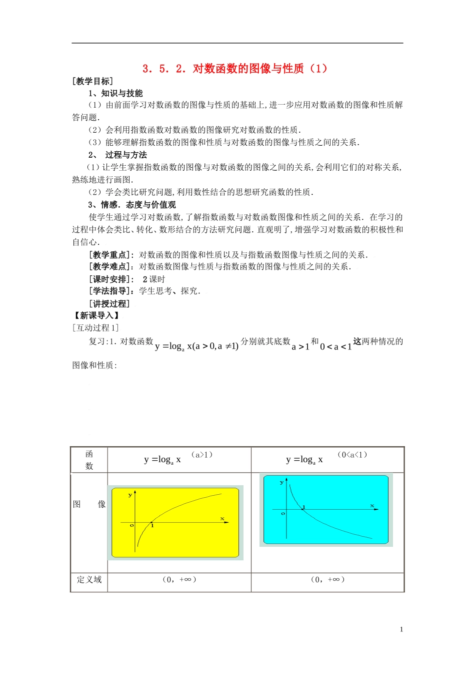 高中数学 第三章 指数函数和对数函数 3.5 对数函数 3.5.2 对数函数的图像与性质（1）教案1 北师大版必修1-北师大版高一必修1数学教案_第1页