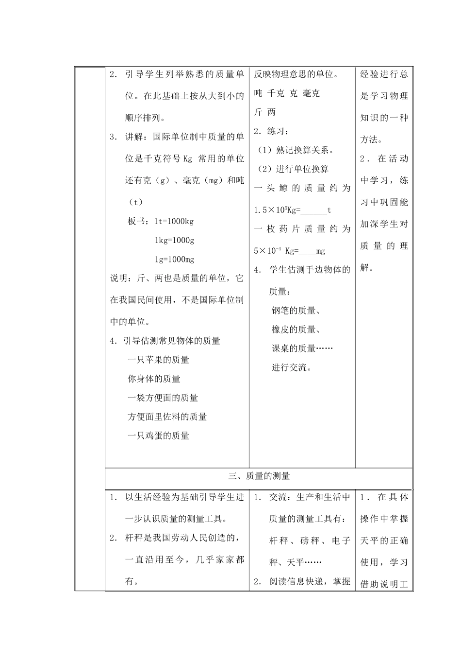 江苏省泰兴市济川中学八年级物理下册 6.1 质量教案_第3页