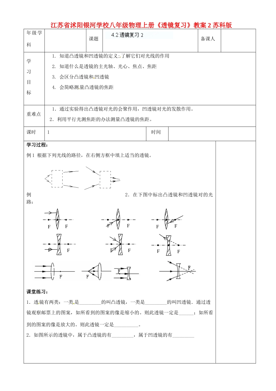 江苏省沭阳银河学校八年级物理上册《透镜复习》教案2 苏科版_第1页