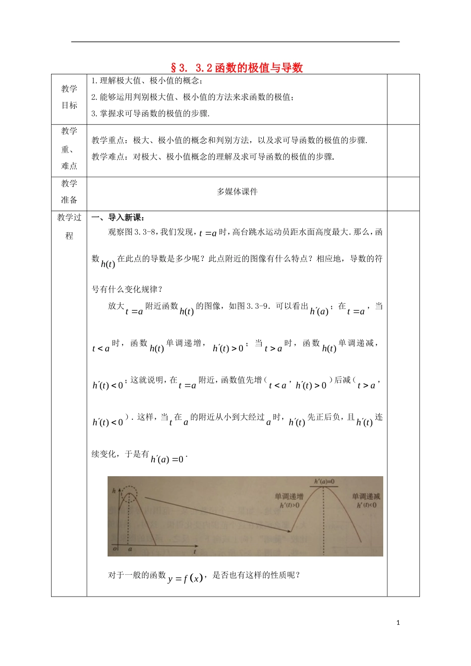 高中数学 第三章 导数及其应用 3.3 导数在研究函数中的应用 3.3.2 函数的极值与导数教案 文 新人教A版选修1-1-新人教A版高二选修1-1数学教案_第1页