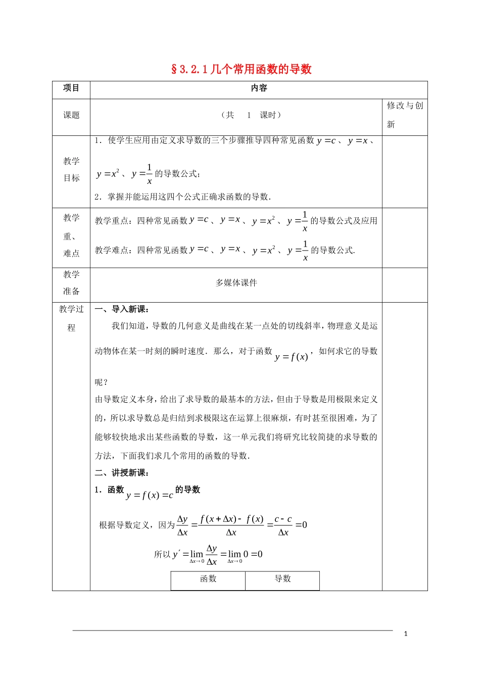 高中数学 第三章 导数及其应用 3.2 导数的计算 3.2.1 几个常用函数的导数教案 新人教A版选修1-1-新人教A版高二选修1-1数学教案_第1页