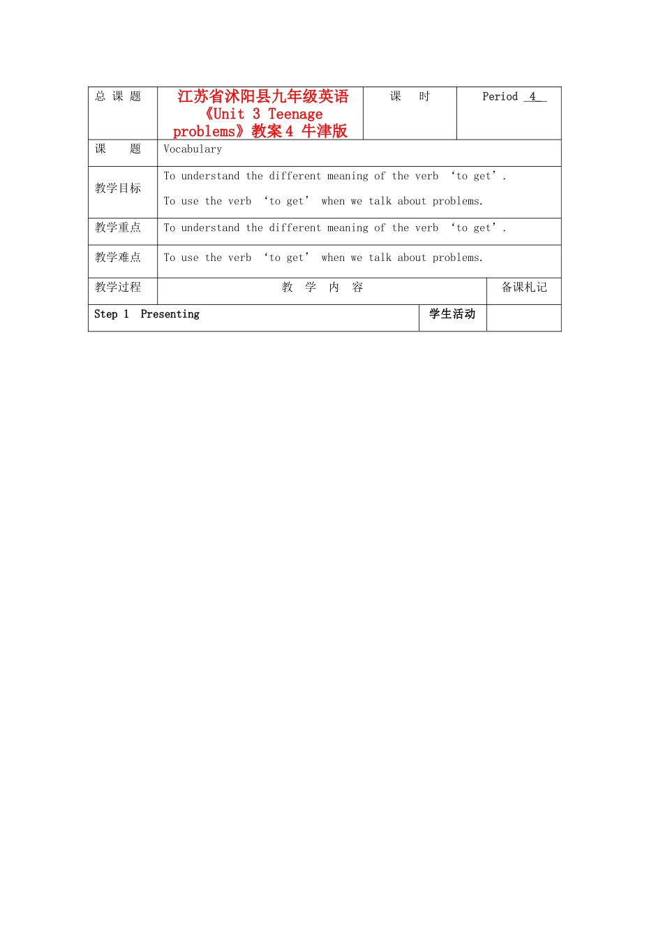 江苏省沭阳县九年级英语《Unit 3 Teenage problems》教案4 牛津版_第1页