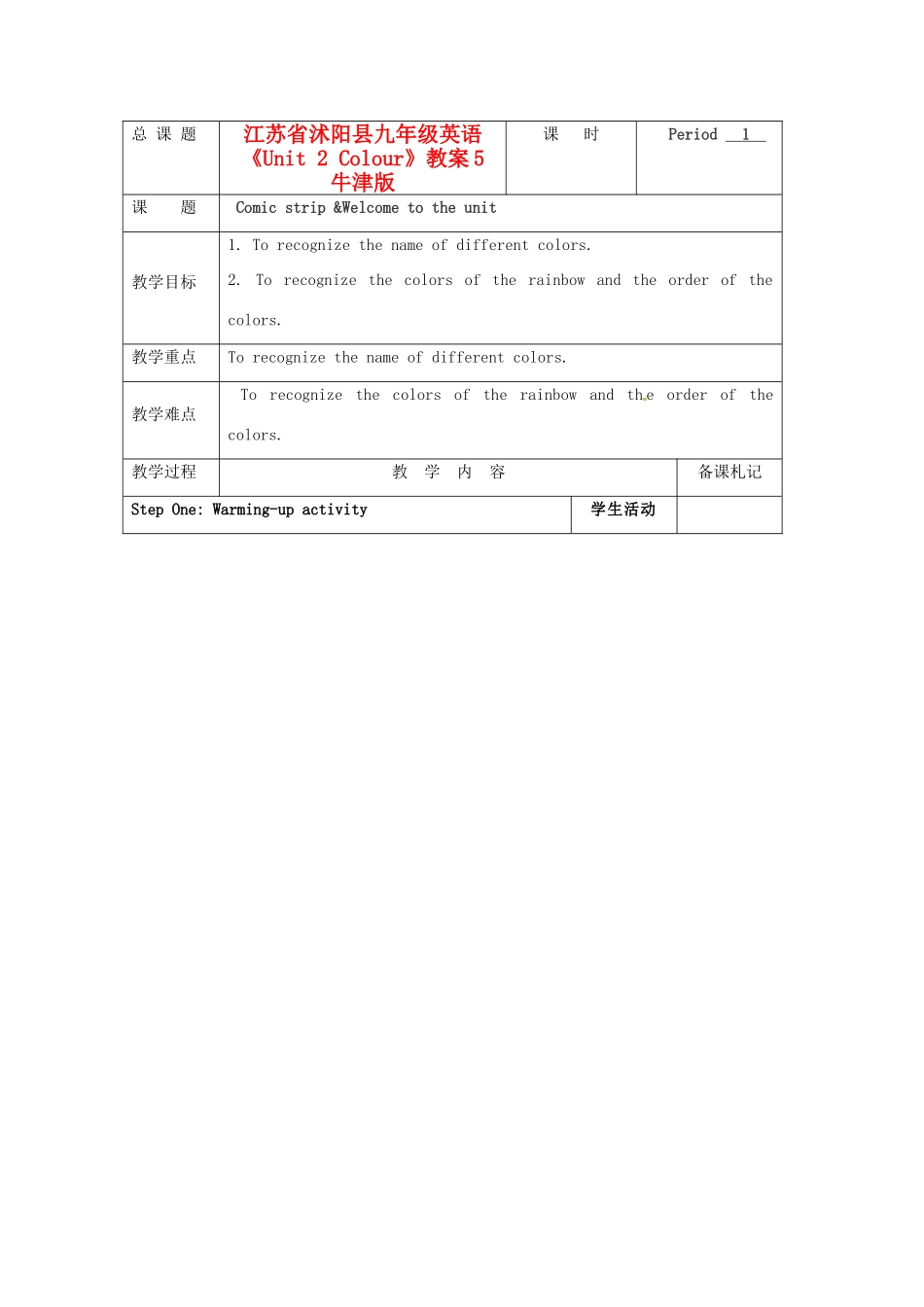 江苏省沭阳县九年级英语《Unit 2 Colour》教案5 牛津版_第1页