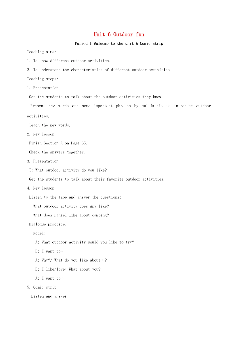 江苏省永丰初级中学七年级英语下册 Unit 6 Outdoor fun教案 （新版）牛津版_第1页