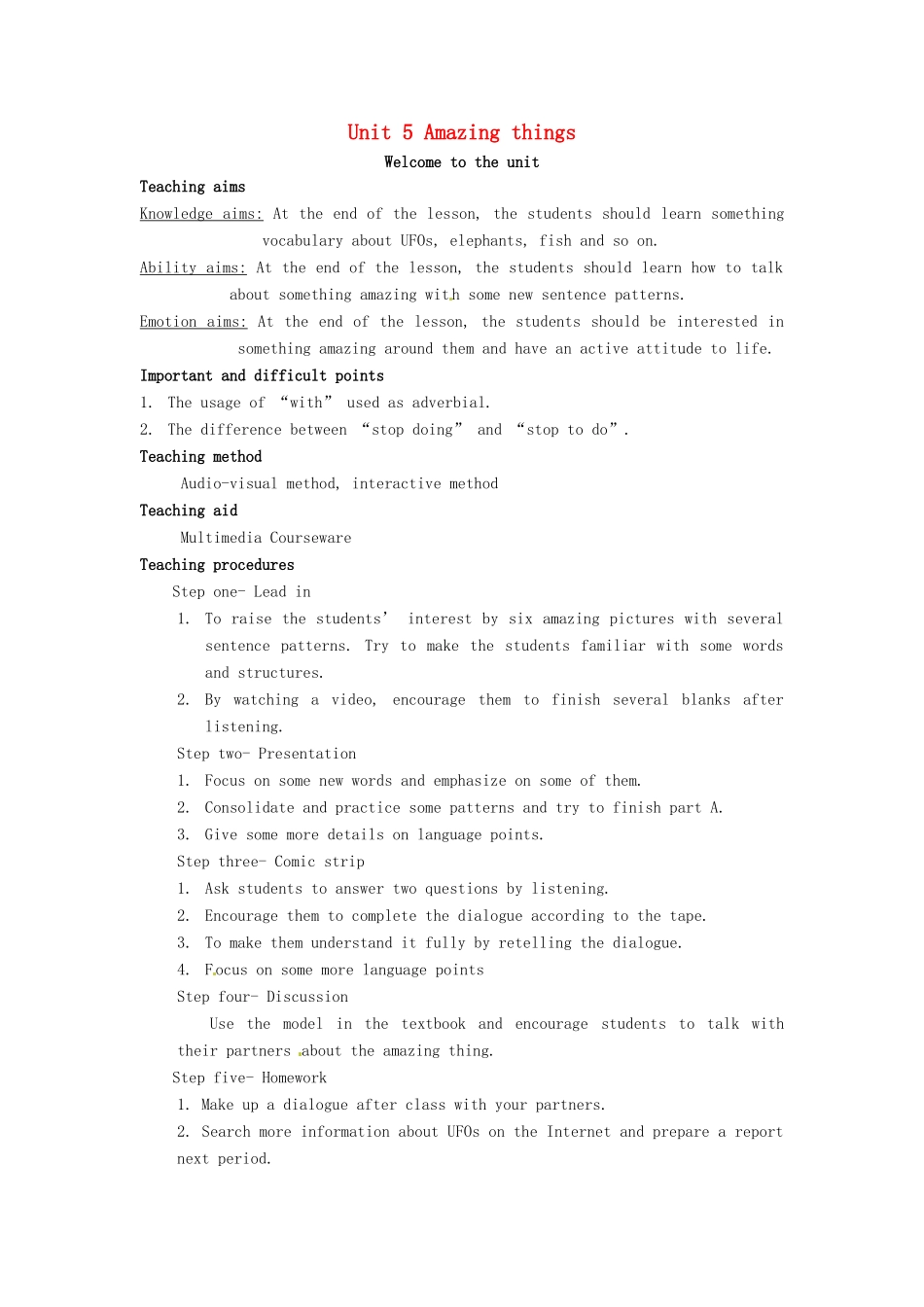 江苏省永丰初级中学七年级英语下册 Unit 5 Amazing things教案 （新版）牛津版_第1页