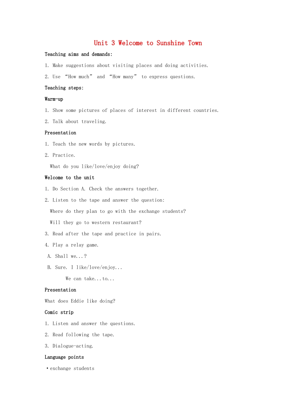 江苏省永丰初级中学七年级英语下册 Unit 3 Welcome to Sunshine Town教案 （新版）牛津版_第1页