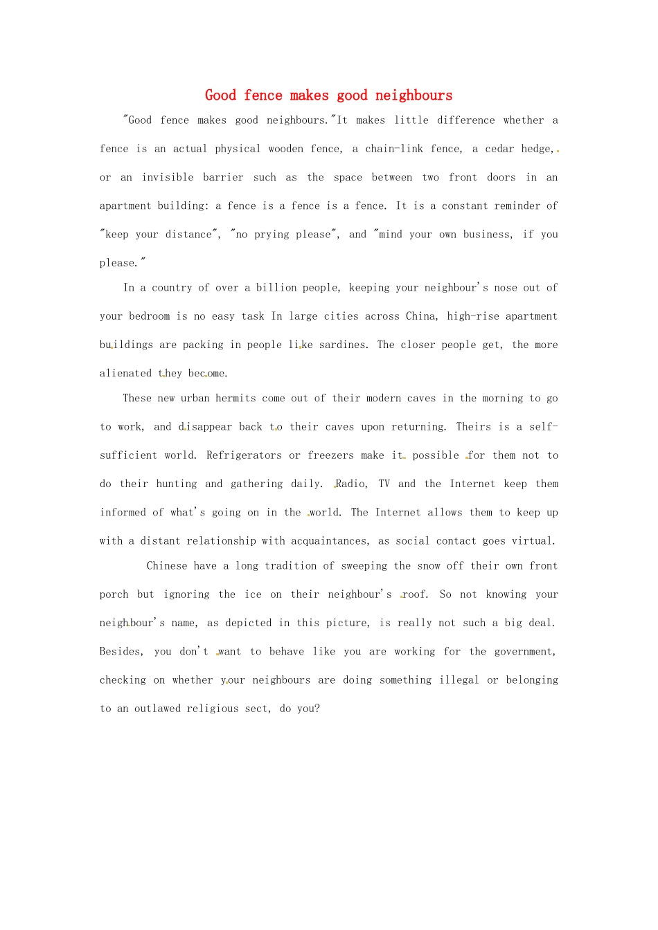 江苏省永丰初级中学七年级英语下册 Unit 2 Good fence makes good neighbours背景材料 （新版）牛津版_第1页