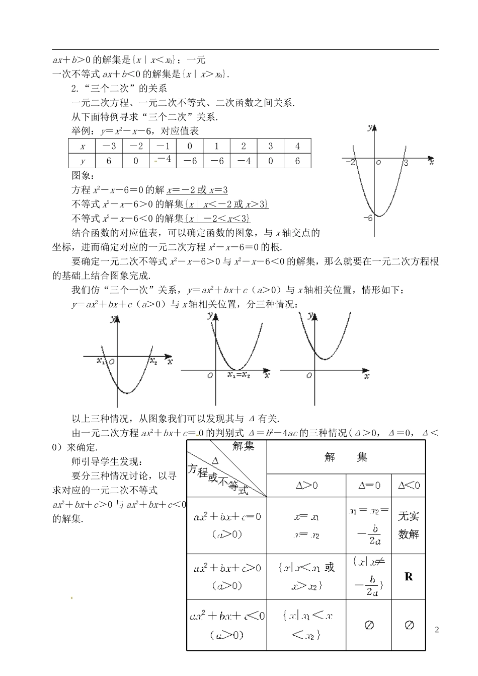高中数学 第三章 不等式 第二课时 一元二次不等式解法教案（一） 苏教版必修5_第2页