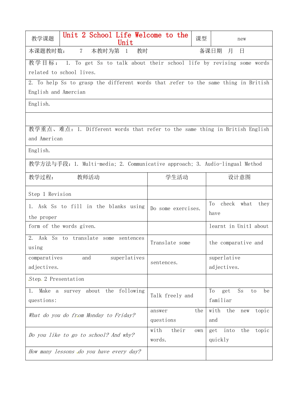 江苏省昆山市锦溪中学八年级英语上册 Unit 2 School Life Welcome to the Unit教案 牛津版_第1页