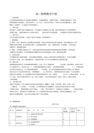 2012017学年高二物理上学期教学计划
